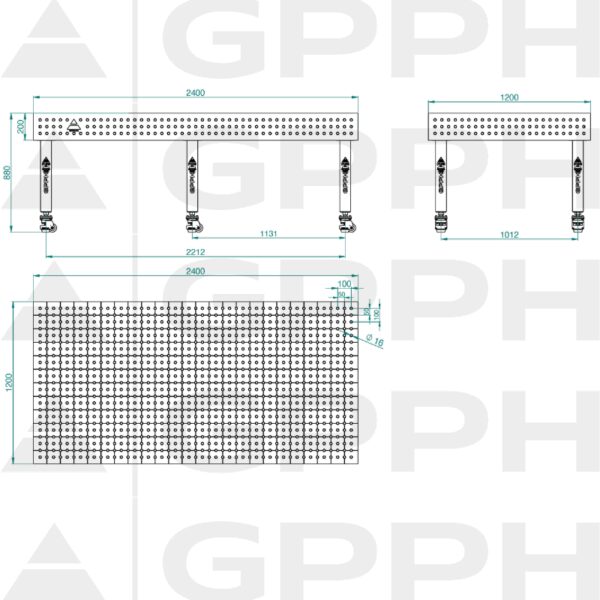 Stół Spawalniczy PLUS Rozmiar - 2400x1200mm, Siatka - 50x50mm, System - Φ16, Nogi - Na kołach - rysunek techniczny