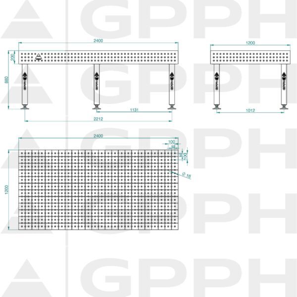 Stół Spawalniczy PLUS Rozmiar - 2400x1200mm, Siatka - 50x50mm, System - Φ16, Nogi - Na stopach - rysunek techniczny