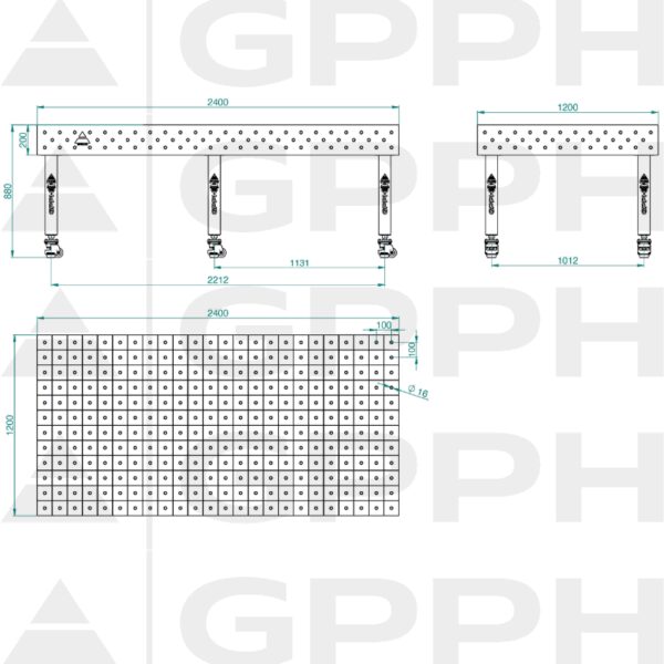 Stół Spawalniczy PLUS Rozmiar - 2400x1200mm, Siatka - 100x100mm, System - Φ16, Nogi - Na kołach - rysunek techniczny
