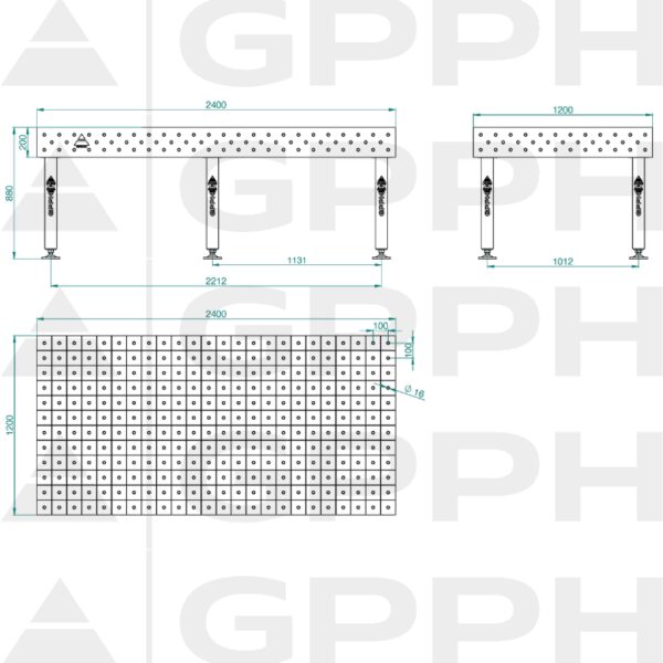 Stół Spawalniczy PLUS Rozmiar - 2400x1200mm, Siatka - 100x100mm, System - Φ16, Nogi - Na stopach - rysunek techniczny