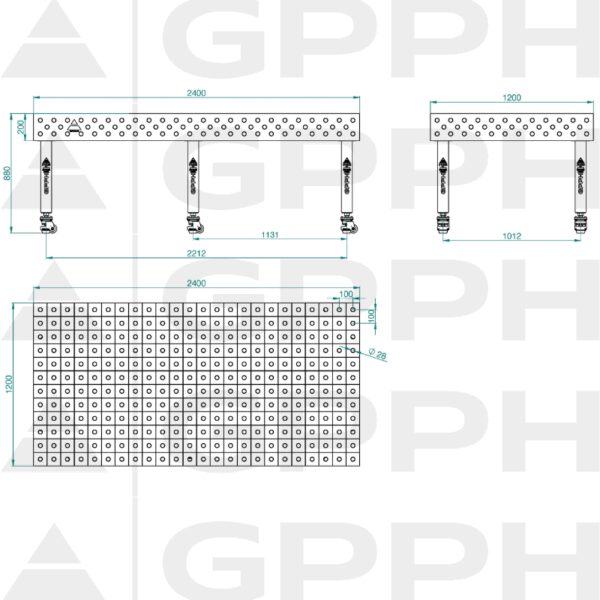 Stół Spawalniczy PLUS Rozmiar - 2400x1200mm, Siatka - 100x100mm, System - Φ28, Nogi - Na kołach - rysunek techniczny