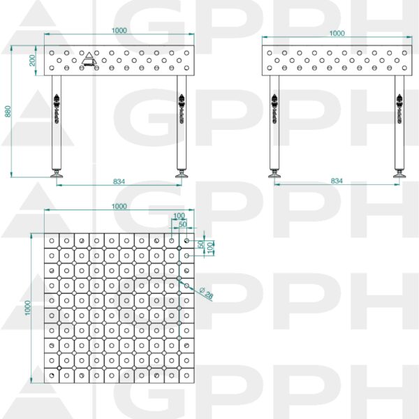 Stół ECO 1000x1000 mm fi28 diagonalna stopy Rysunek techniczny