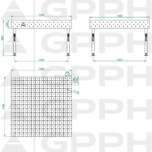 Stół ECO 1500x1480 mm fi16 diagonalna stopy Rysunek techniczny