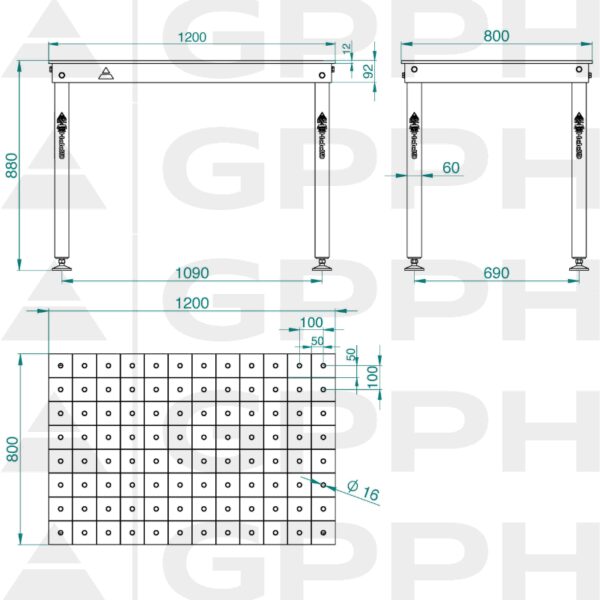 Rysunek techniczny  Stół BASIC 1200x800 mm fi16 100x100 stopy