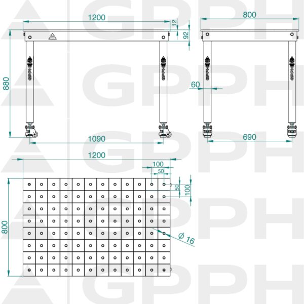 Rysunek techniczny Stół BASIC 1200x800 mm fi16 100x100 koła