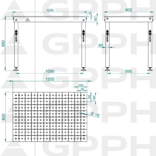 Rysunek techniczny Stół BASIC 1200x800 mm fi16 50x50 stopy