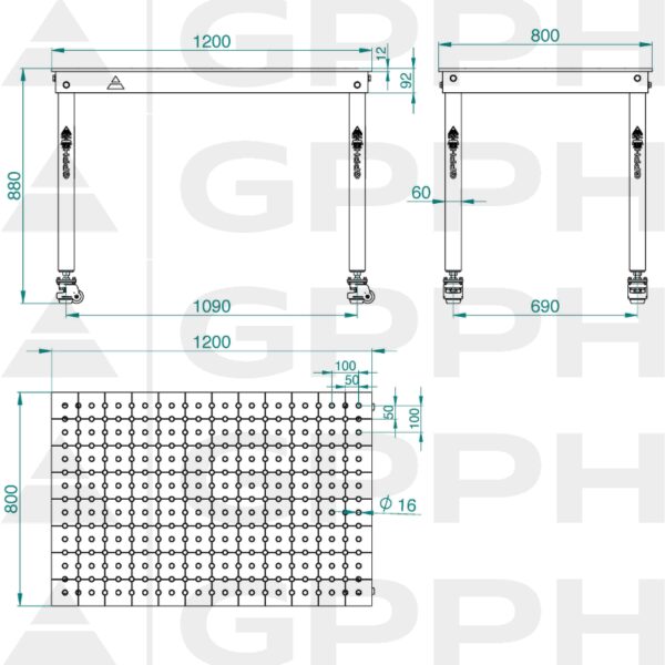Rysunek techniczny Stół BASIC 1200x800 mm fi16 50x50 koła