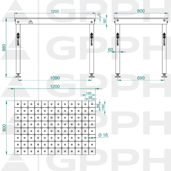Rysunek techniczny Stół BASIC 1200x800 mm fi16 diagonalna stopy
