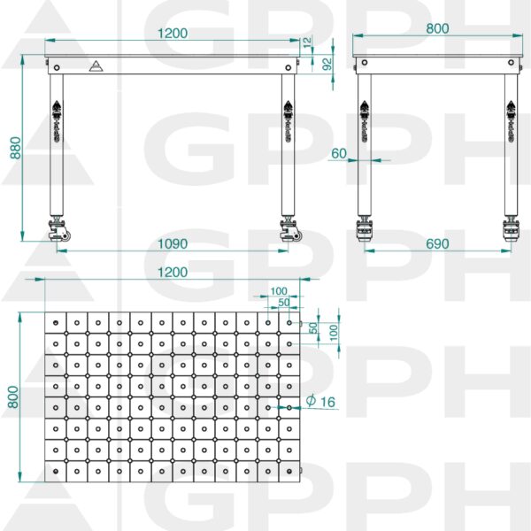 Rysunek techniczny Stół BASIC 1200x800 mm fi16 diagonalna koła