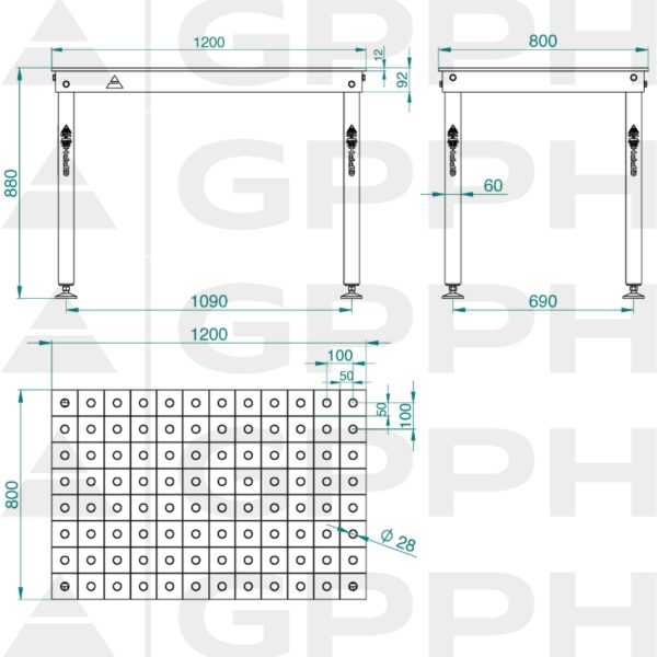 Rysunek techniczny Stół BASIC 1200x800 mm fi28 100x100 stopy