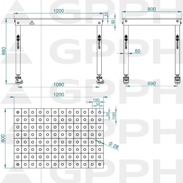 Rysunek techniczny Stół BASIC 1200x800 mm fi28 100x100 koła