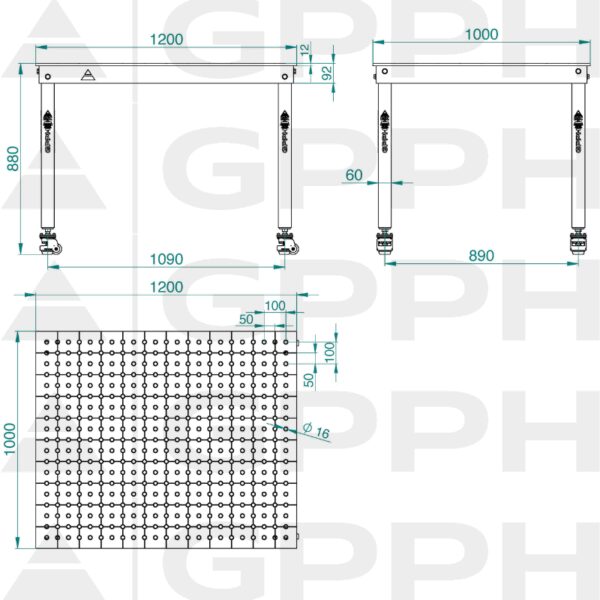 Rysunek techniczny Stół BASIC 1200x1000 mm fi16 50x50 koła