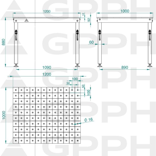 Rysunek techniczny Stół BASIC 1200x1000 mm fi16 100x100 stopy