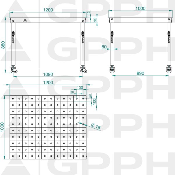 Rysunek techniczny Stół BASIC 1200x1000 mm fi16 100x100 koła
