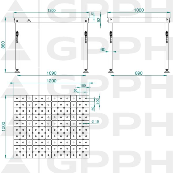 Rysunek techniczny Stół BASIC 1200x1000 mm fi16 diagonalna stopy