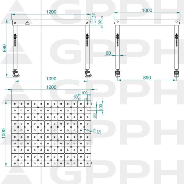 Rysunek techniczny Stół BASIC 1200x1000 mm fi16 diagonalna koła