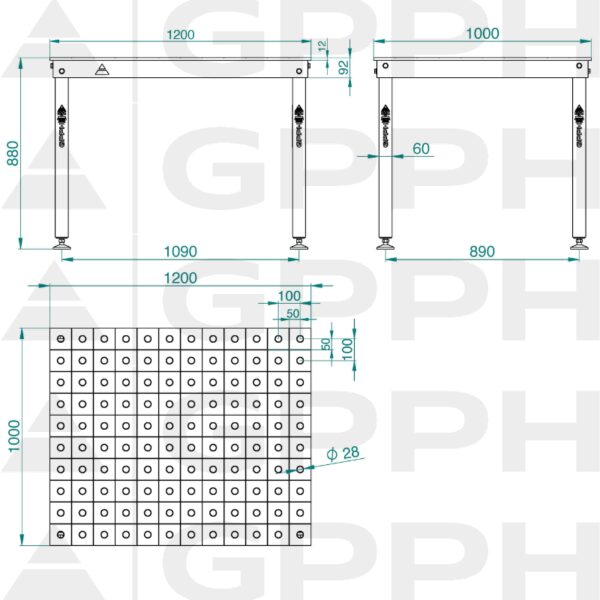 Rysunek techniczny Stół BASIC 1200x1000 mm fi28 100x100 stopy