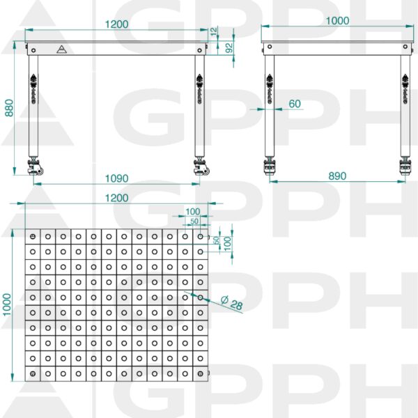 Rysunek techniczny Stół BASIC 1200x1000 mm fi28 100x100 koła