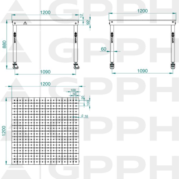Rysunek techniczny Stół BASIC 1200x1200 mm fi16 50x50 koła