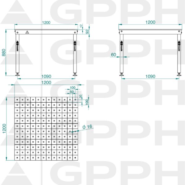 Rysunek techniczny Stół BASIC 1200x1200 mm fi16 100x100 stopy