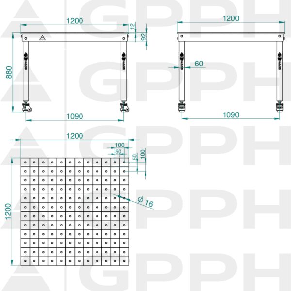 Rysunek techniczny Stół BASIC 1200x1200 mm fi16 100x100 koła