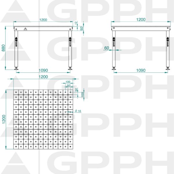 Rysunek techniczny Stół BASIC 1200x1200 mm fi16 diagonalna stopy