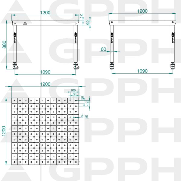 Rysunek techniczny Stół BASIC 1200x1200 mm fi16 diagonalna koła