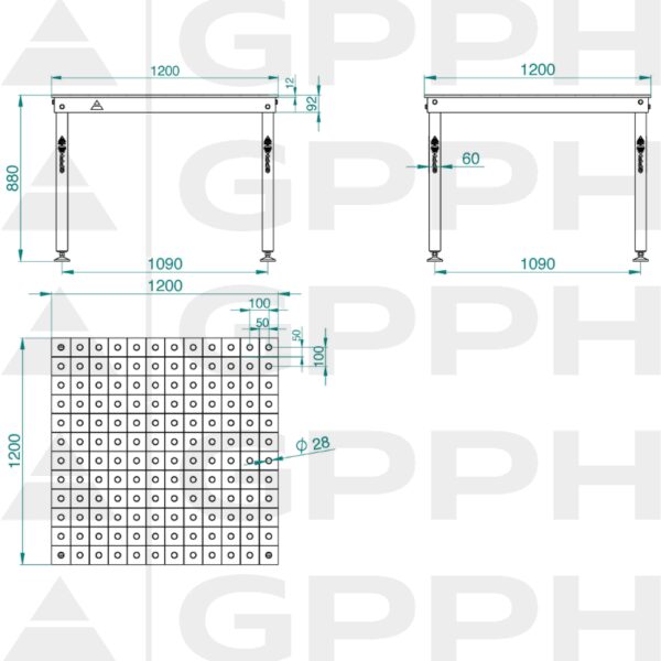 Rysunek techniczny Stół BASIC 1200x1200 mm fi28 100x100 stopy