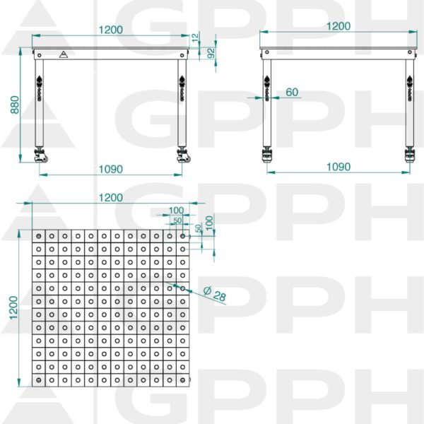 Rysunek techniczny Stół BASIC 1200x1200 mm fi28 100x100 koła
