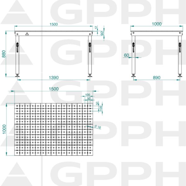 Rysunek techniczny Stół BASIC 1500x1000 mm fi16 50x50 stopy