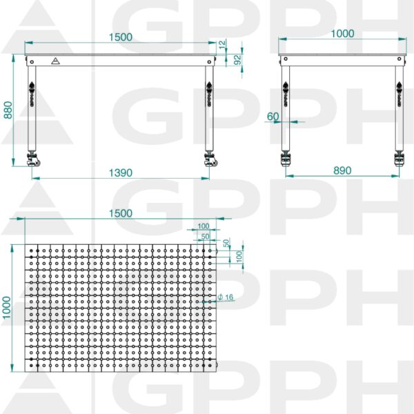Rysunek techniczny Stół BASIC 1500x1000 mm fi16 50x50 koła