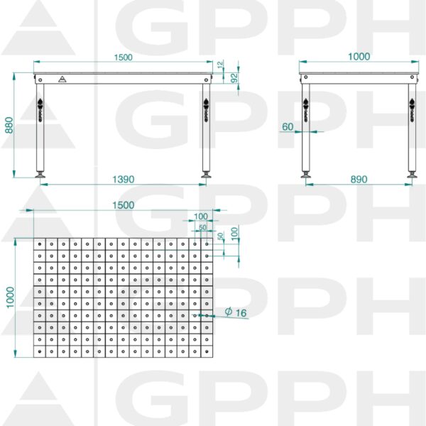 Rysunek techniczny Stół BASIC 1500x1000 mm fi16 100x100 stopy