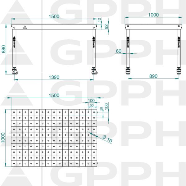 Rysunek techniczny Stół BASIC 1500x1000 mm fi16 100x100 koła
