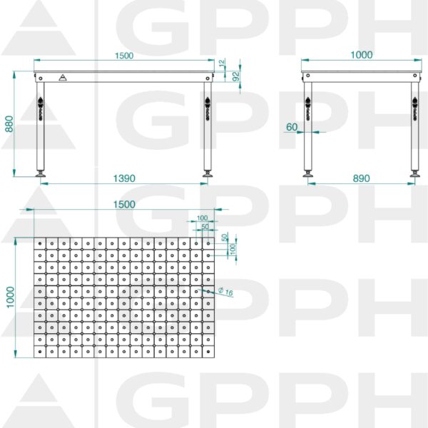 Rysunek techniczny Stół BASIC 1500x1000 mm fi16 diagonalna stopy