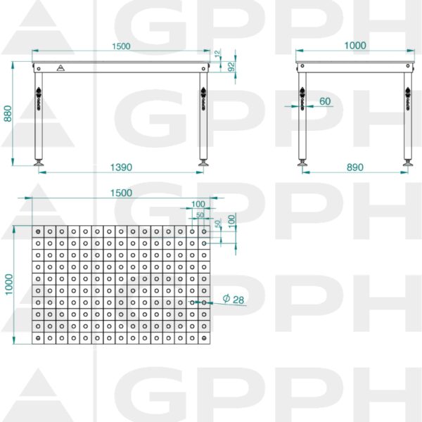 Rysunek techniczny Stół BASIC 1500x1000 mm fi28 100x100 stopy