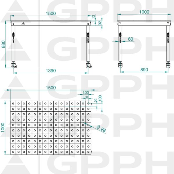 Rysunek techniczny Stół BASIC 1500x1000 mm fi28 100x100 koła