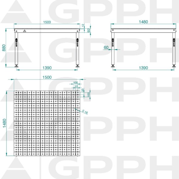 Rysunek techniczny Stół BASIC 1500x1480 mm fi16 50x50 stopy