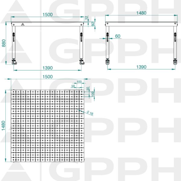 Rysunek techniczny Stół BASIC 1500x1480 mm fi16 50x50 koła