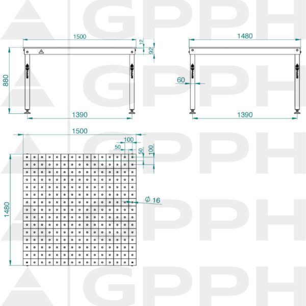 Rysunek techniczny Stół BASIC 1500x1480 mm fi16 100x100 stopy