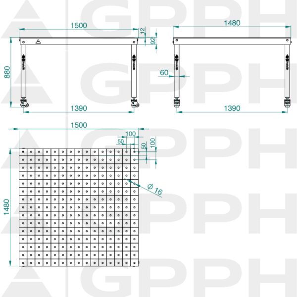 Rysunek techniczny Stół BASIC 1500x1480 mm fi16 100x100 koła