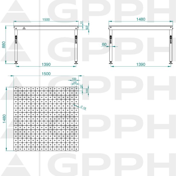 Rysunek techniczny Stół BASIC 1500x1480 mm fi16 diagonalna stopy