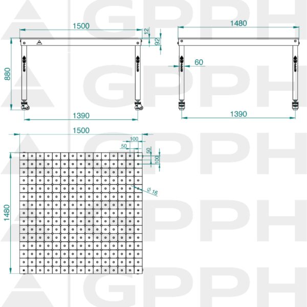 Rysunek techniczny Stół BASIC 1500x1480 mm fi16 diagonalna koła
