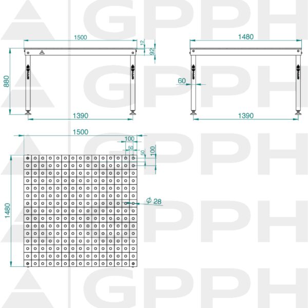 Rysunek techniczny Stół BASIC 1500x1480 mm fi28 100x100 stopy