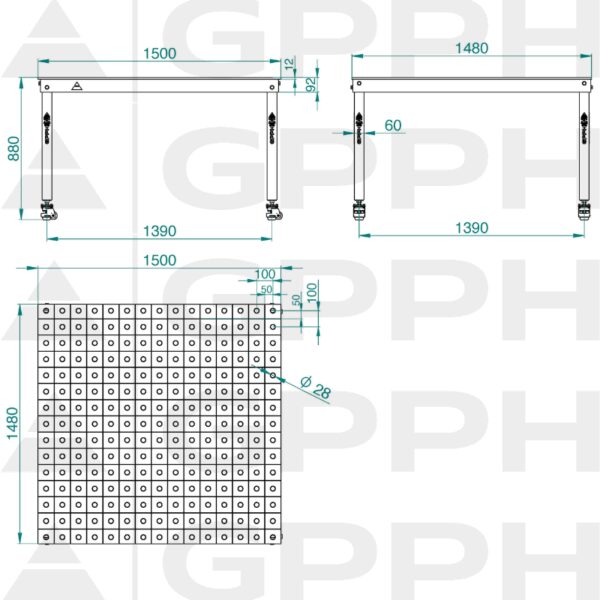 Rysunek techniczny Stół BASIC 1500x1480 mm fi28 100x100 koła