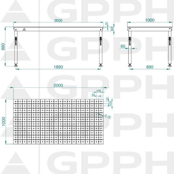 Rysunek techniczny Stół BASIC 2000x1000 mm fi16 50x50 stopy