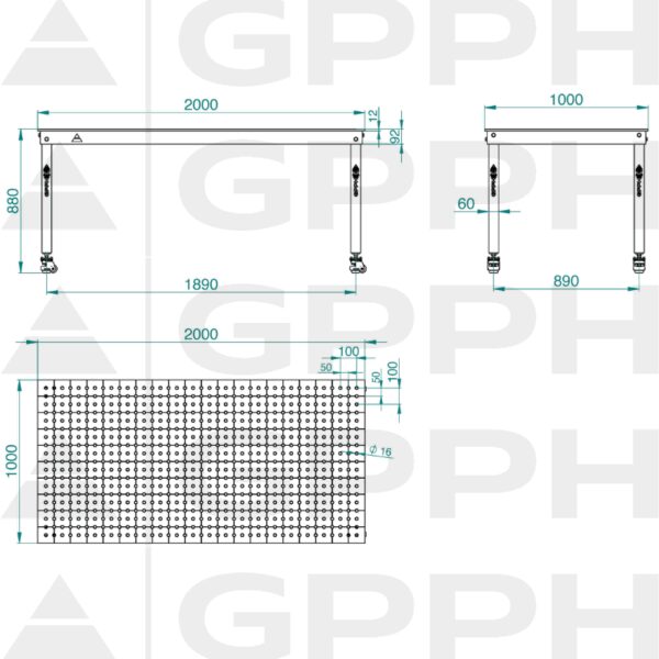 Rysunek techniczny Stół BASIC 2000x1000 mm fi16 50x50 koła