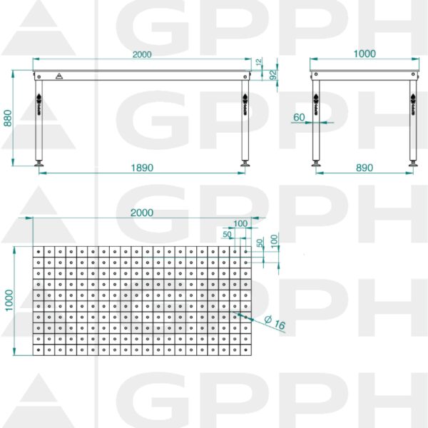 Rysunek techniczny Stół BASIC 2000x1000 mm fi16 100x100 stopy