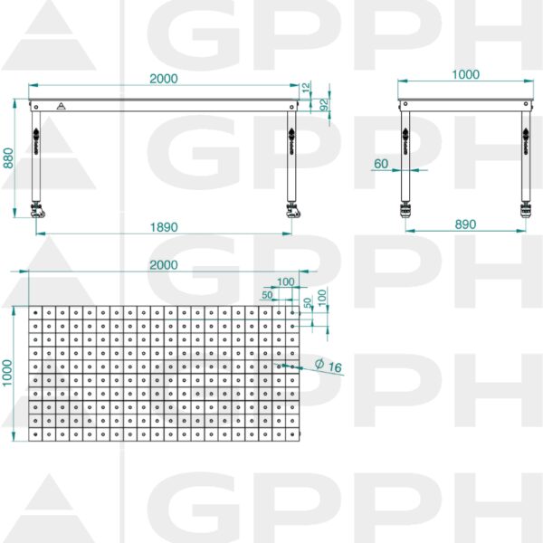 Rysunek techniczny Stół BASIC 2000x1000 mm fi16 100x100 koła