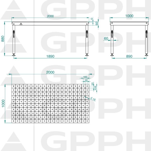 Rysunek techniczny Stół BASIC 2000x1000 mm fi16 diagonalna stopy
