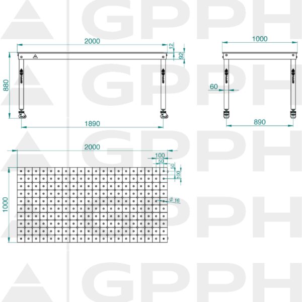 Rysunek techniczny Stół BASIC 2000x1000 mm fi16 diagonalna koła